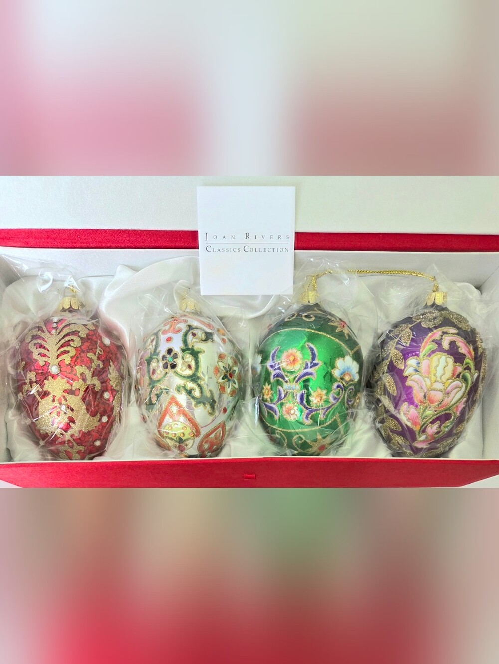 JOAN RIVERS SET OF 4 HAND PAINTED JEWELED GLASS EGG SHAPE ORNAMENTS IN BOX